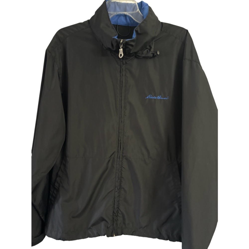 Eddie Bauer Windbreaker Jacket L Black Full Zip Mesh Lined Hooded Outdoor Hood